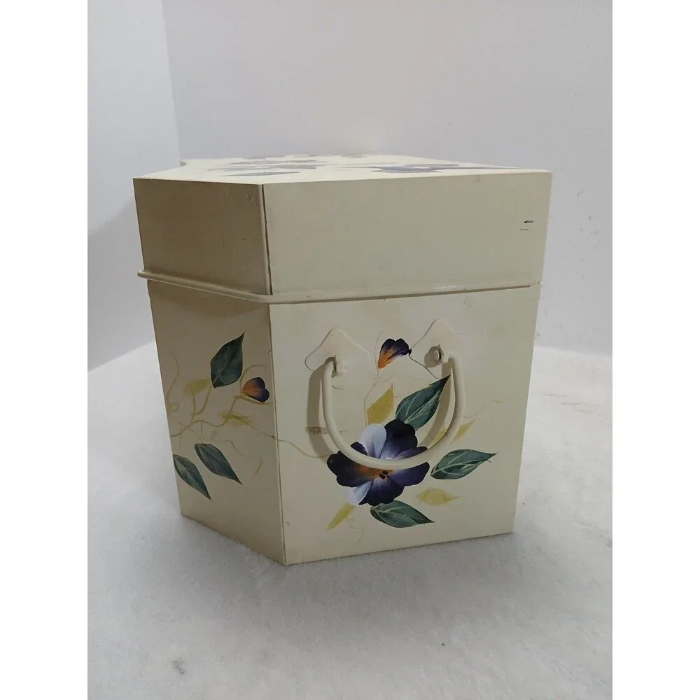 ​VINTAGE Hand Painted‎ Metal SEWING BOX CADDY Pansy Floral Trunk